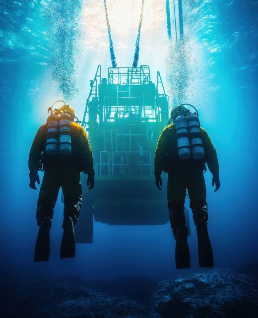 Diving professionals explore underwater mining operation, surrounded by vibrant blue waters and bubbles. scene captures essence of adventure and teamwork in unique environment.